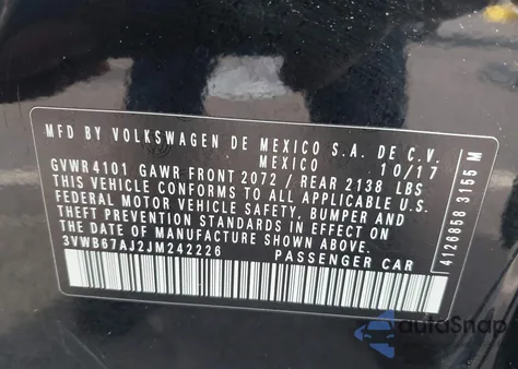 2018 Volkswagen Jetta 1.4T Se/1.4T Wolfsburg Edition from USA, damaged, VIN 3VWB67AJ2JM242226